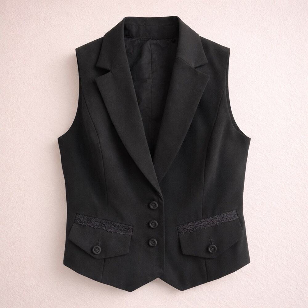 Vintage Nine West Black Tailored Vest Petite Lace Trim Button Front Size 2P Y2K